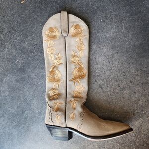 Dan Post Tan and Gold Heeled Boots with Floral Embroidery